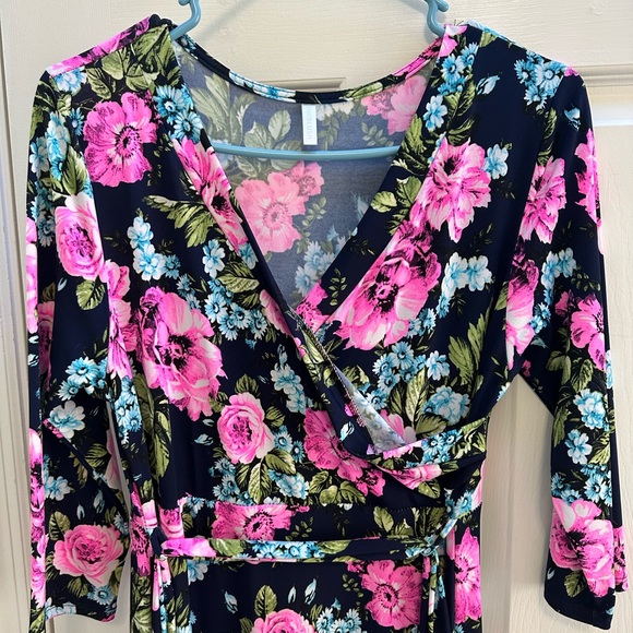 Pinkblush || Maternity Pink Navy and Blue Floral Maxi Dress with Tie - Picture 2 of 6